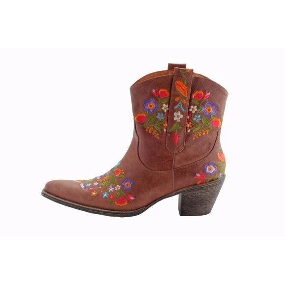 Women's Embroidered Floral Cowboy Ankle Boots Brown Leather Western Red Flowers - Picture 4 of 6